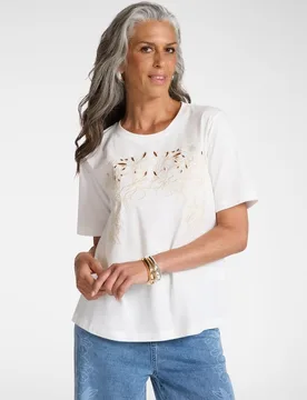 Camiseta de mujer con bordado floral y mangas cortas - Elena Miró - FashionsVida