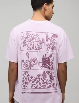 Men's Oversized Boxy Floral Print Extended Neck T-Shirt Washed Pink Size Medium Washed Pink M - boohooMAN - FashionsVida