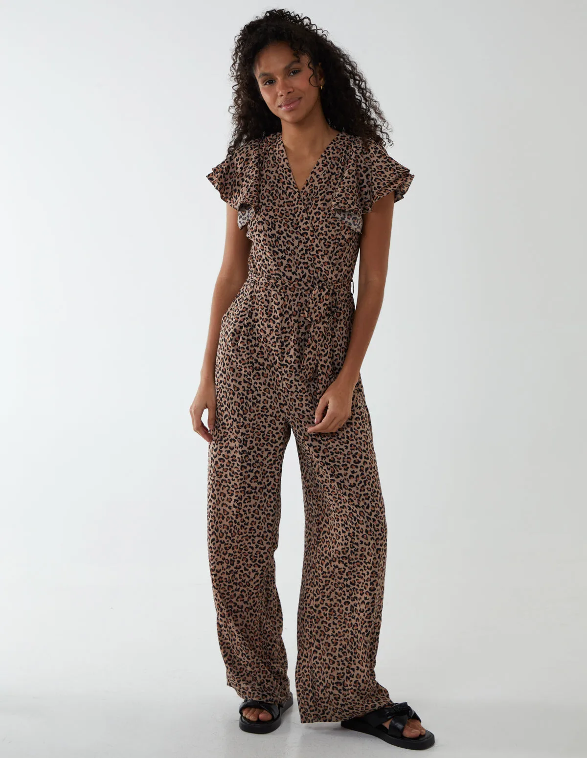 Jumpsuit With Ruffle Sleeve And Wrap Front - 8 / BROWN - female - Blue Vanilla - FashionsVida