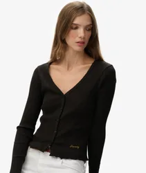 Superdry Damen Essential Langarmtop mit Durchgehender Knopfleiste Black - Größe: 38