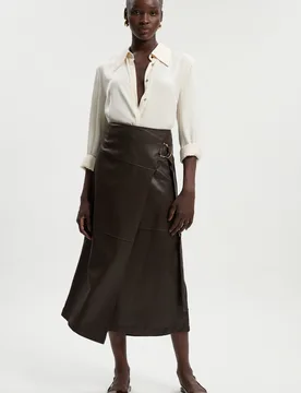 Womens Faux Leather Tie Detail Wrap Midi Skirt - Chocolate - Size 12 Uk - Karen millen - FashionsVida