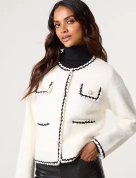 Fluffy Knit Contrast Trim Button Front Cardigan - L / IVORY - female - Blue Vanilla - FashionsVida