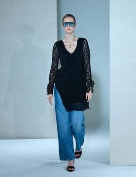 Abito mini babydoll con pizzo - nero