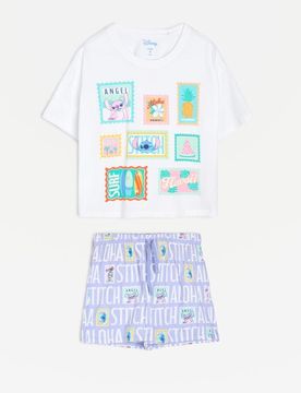 Pigiama in cotone a due pezzi con stampa Stitch - bianco
