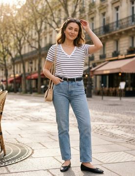 T-shirt in cotone con scollo a V - multicolor