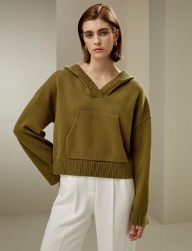 S Sweat à Capuche Court Laine Cachemire Poignets Côtelés Vert XXS