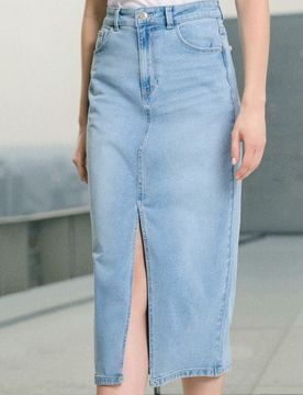 Gonna midi in denim con spacco - blu