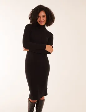 Ribbed Roll Neck Midi Dress - S / BLACK - female - Blue Vanilla - FashionsVida