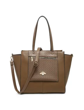 Oversize Bee Badge Zipped Pockets Top Zipped Tote Bag - Khaki - Size: One Size - JFY - FashionsVida
