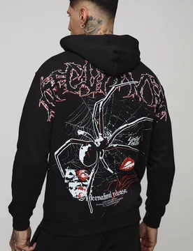 Men's Oversized Spider Over Seam Printed Hoodie Black Size Small Black S - boohooMAN - FashionsVida