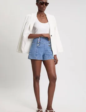 Women's Denim Button Front Shorts in Mid Blue Size: 16 - Mid Blue - Size: 16 - Karen millen - FashionsVida