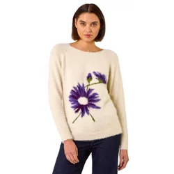Womens Floral Placement Knit Jumper - Natural - Size 14 Uk