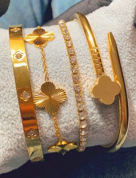 Pcs/1 pieza Conjunto de Pulseras de Lujo de Acero Inoxidable con Incrustaciones de Diamantes en Forma de Trébol de Cuatro Hojas y Estrella, Joyería