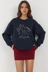 Womens Printed Crew Neck Sweatshirt - Dark Blue - Size Medium