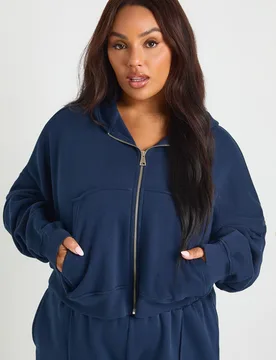 Womens Plus Core Basic Boxy Balloon Sleeve Oversized Zip Through Hoodie - Navy - Size 16 Uk - Boohoo - FashionsVida