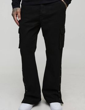 Herren Lange Entspannte Schlaghose mit Overdye und Druckknopfsaum Cargo-Hose Washed Black Größe 34