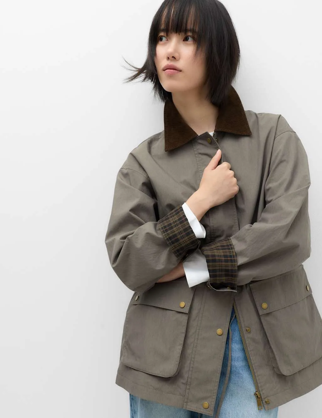 Cotton Rich Collared Barn Jacket Grey female - M&S - FashionsVida