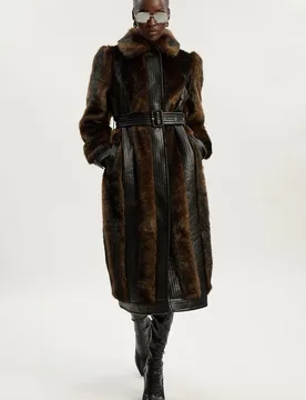Womens Faux Fur Pu Panelled Belted Midi Coat - Chocolate - Size 16 Uk - Karen millen - FashionsVida