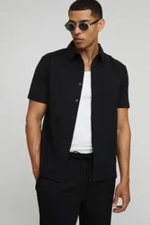 Herren Kurzarm Texturiertes Stretch Hemd Und Hosen Set Black Größe XS