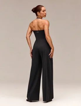 Mono de pierna ancha de 31" de secado rápido con brillo en movimiento, cuello halter, antideslizante, con tirantes de hombro ajustables y desmontable - Shein - FashionsVida