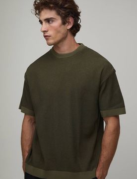 Herren Normal Geschnittenes Geripptes Strick-Oberteil Mit Kontrastbündchen Olive Größe XS