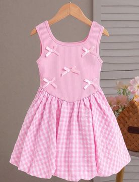Vestido sin mangas rosa para niñas pequeñas, parte superior tejida con acento de lazo, falda abullonada a cuadros, estilo dulce, adecuado desde prim