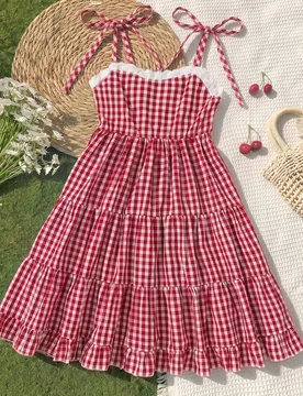 Vestido a cuadros con decoración de lazo para niñas talla grande, rojo y blanco, inspirado en el estilo vintage casual de campo, adecuado para el ve - Shein - FashionsVida