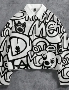 Camisa de manga larga para hombre con corte boxy corto, estilo streetwear, estampado integral de graffiti en blanco y negro con perro divertido "SHOW - Shein - FashionsVida