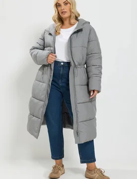 Women's Longline Puffer Coat in Grey Size: 34-36 - Grey - Size: 34-36 - Yours - FashionsVida