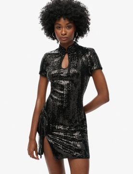 Superdry Damen Minikleid mit Pailletten und Mandarinkragen Schwarz - Größe: 44