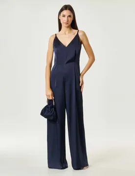 Tuta blu in raso con scollo a V e pantaloni a palazzo - Emme Marella - FashionsVida