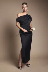 Women's Satin Ruched Detail Off-The Shoulder Maxi Bridesmaid Dress in Black Size: 16 - Black - Size: 16