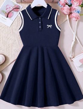 Vestido casual con cuello polo y estampado de dibujos animados para niñas pequeñas