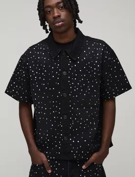 Men's Washed Rhinestone Boxy Oversized Revere Denim Shirt Washed Black Size Medium Washed Black M - boohooMAN - FashionsVida