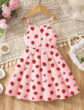 Vestido casual de niña con estampado de fresas y lazos, adecuado para primavera y verano