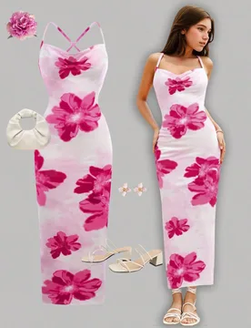 Vestido hawaiano casual de vacaciones para adolescente con estampado floral grande, cuello drapea, espalda descubierta y tirantes finos - Shein - FashionsVida