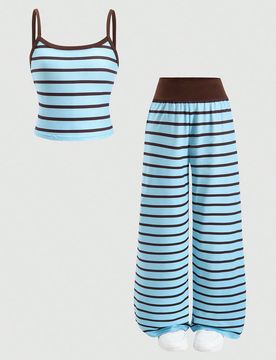Conjunto de camiseta de tirantes y pantalones holgados de rayas rosas y marrones para niñas preadolescentes