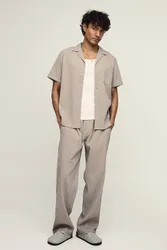 Herren Regular Fit Kurzarmhemd Mit Unregelmäßiger Falten-Textur Und Entspanntes Hosen-Set Taupe Größe 3XL