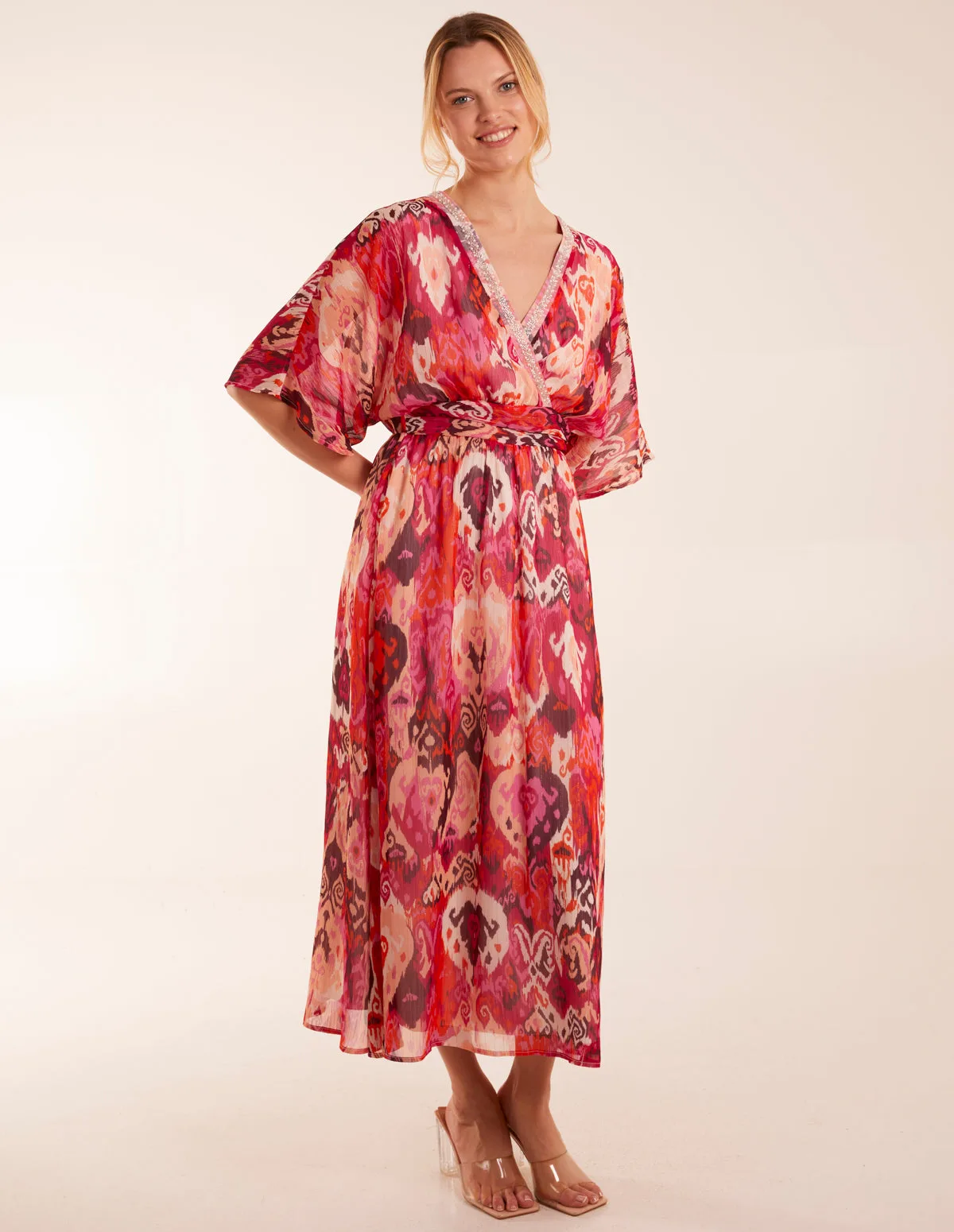 Embellished Neck V Front V Back Midi - L / PINK - female - Blue Vanilla - FashionsVida