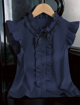 Blusa de estilo vintage con cuello redondo, sin mangas y volantes, de unicolor, para niñas preadolescentes en primavera/verano, elegante y casual - Shein - FashionsVida
