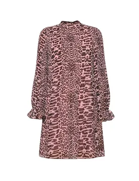 Pink Leopard Printed Georgette Mini Dress - Ganni - FashionsVida