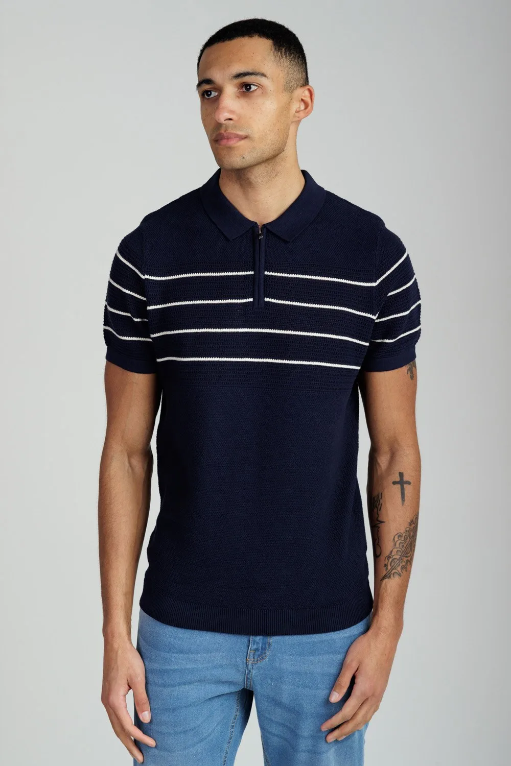 Knitted Stripe Mens Short Sleeve Zip-Up Polo - Kensington - FashionsVida