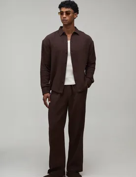 Men's Cheesecloth Oversized Long Sleeve Shirt & Baggy Trouser Set Chocolate Size Medium Chocolate M - boohooMAN - FashionsVida