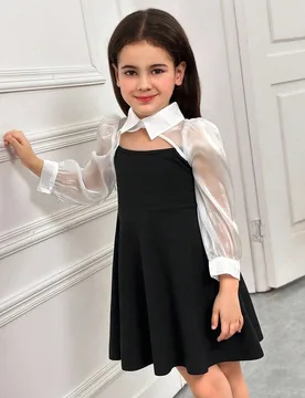 Vestido de bloque de color calado y de parche minimalista y cómodo con cuello para niña joven - Shein - FashionsVida