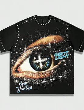Camiseta de manga corta con cuello redondo, con estampado de ojo y adornos de strass, estilo unisex de verano, estilo de los 2000 - Shein - FashionsVida