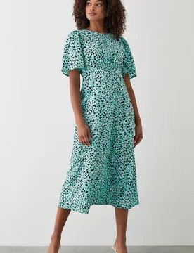 Women's Green Animal Flutter Sleeve Shirred Waist Midi Dress Size: 10 - Green - Size: 10 - Dorothy perkins - FashionsVida