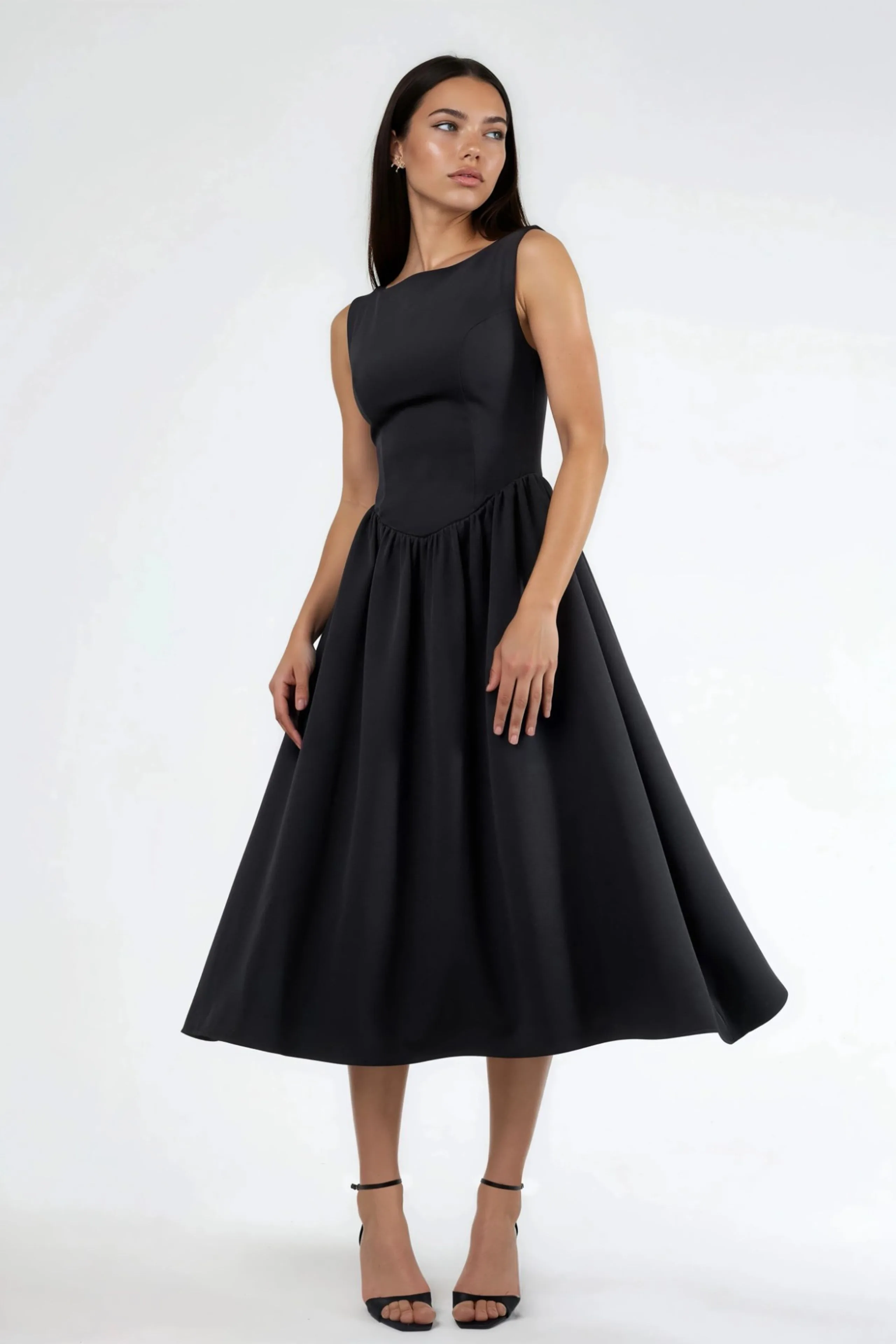 Womens A-Form Midi Dress With Crew Neck - Black - Hiccup - FashionsVida