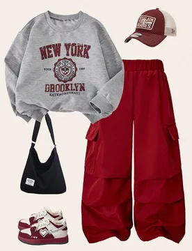 Set de 2 piezas de sudadera de cuello redondo de manga larga con gráfico de Nueva York y pantalones de pierna ancha de estilo casual y moda para niñ - Shein - FashionsVida