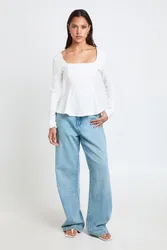 Womens Scoop Neck Long Sleeve Peplum Top - White - Size 12 Uk