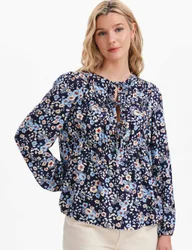 Floral Tie Neck Top Blue Mix female